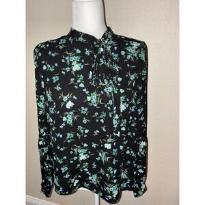 Cece Career Blouse Black ties around neck floral New